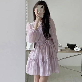韓國chic春季法式溫柔V領係帶褶皺肌理感設計小個子長袖連衣裙女