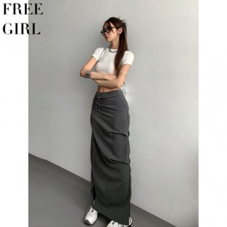 【Free Girl】半身裙高檔垂墜感新款裙子高腰小個子開叉長裙 長裙 A字裙 洋裝 傘裙 包臀裙 百褶裙 一步裙 7T