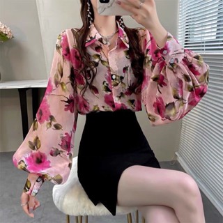 雪紡喇叭袖女裝春季新款洋氣時髦翻領碎花寬鬆休閒氣質襯衫POLO領長袖襯衫