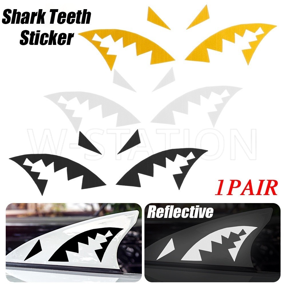 1對反光鯊魚牙天線貼創意汽車鯊魚鰭貼防水鯊魚嘴貼多色個性裝飾汽車外飾造型配件