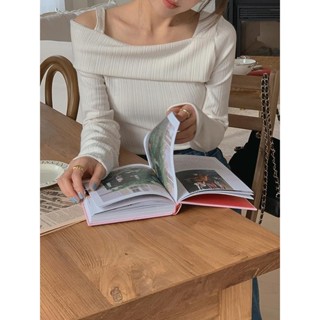 Codibook｜韓國 frenchaube 方領不對稱秋季露肩羅紋T恤［預購］長袖上衣 T恤 女裝