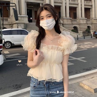 SY雪紡上衣露肩上衣夏季新款法式夢幻甜美百搭氣質泡泡袖短袖一字肩上衣女裝潮