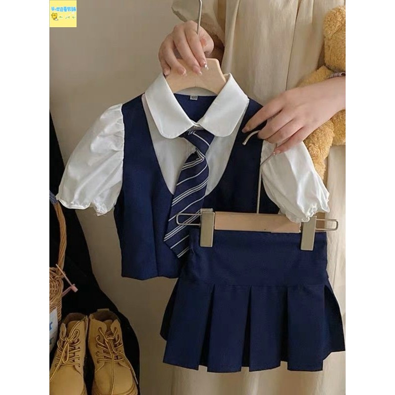 兒童套裝 學院風套裝 韓國女童學院風套裝 夏季兒童假兩件短袖 上衣洋氣jk百褶裙兩件套裙