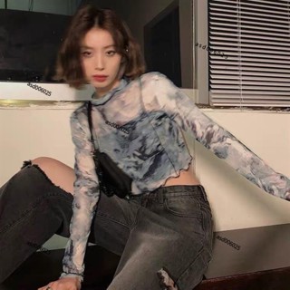 優選🥇辣妹短款紮染網紗打底衫女夏季新款設計感內搭防曬長袖T恤潮 韓國INS風 女生上衣 修身打底上衣