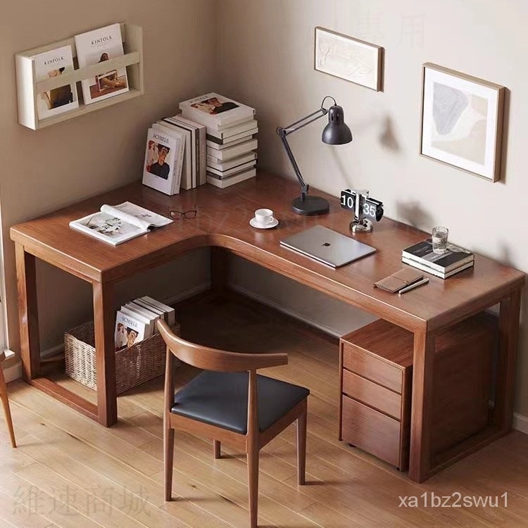 （限時免運）全實木書桌書櫃一體電腦桌墻邊拐角L型辦公桌成人工作轉角學習桌