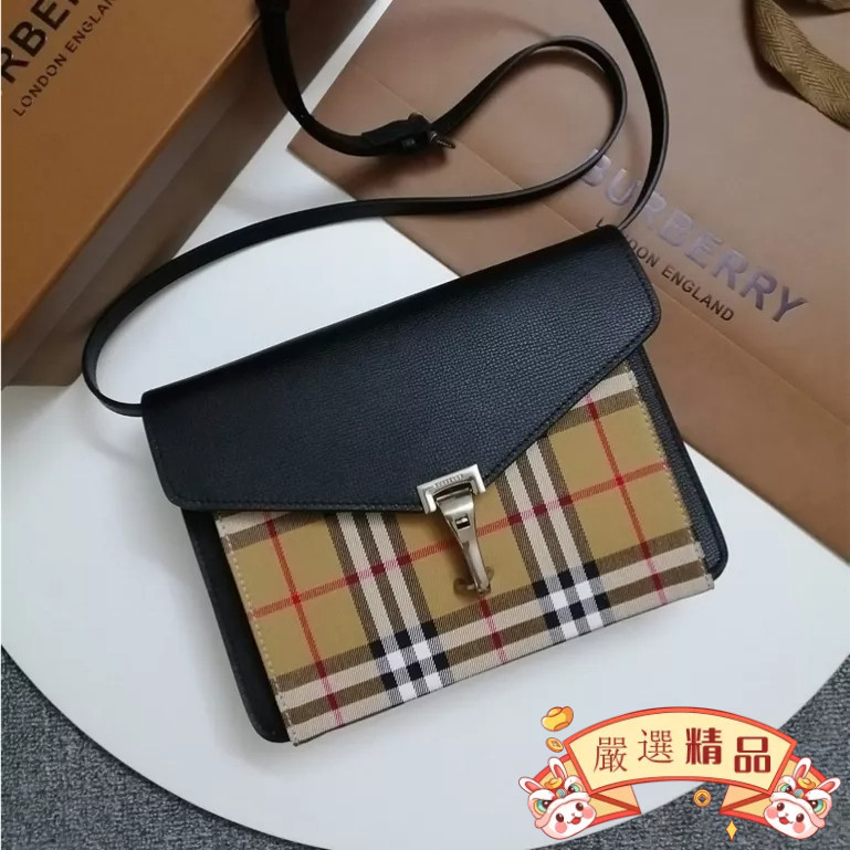 二手 BURBERRY（博柏利）House經典格紋拼皮革 翻蓋帆布包 郵差包 單肩斜挎包40800781