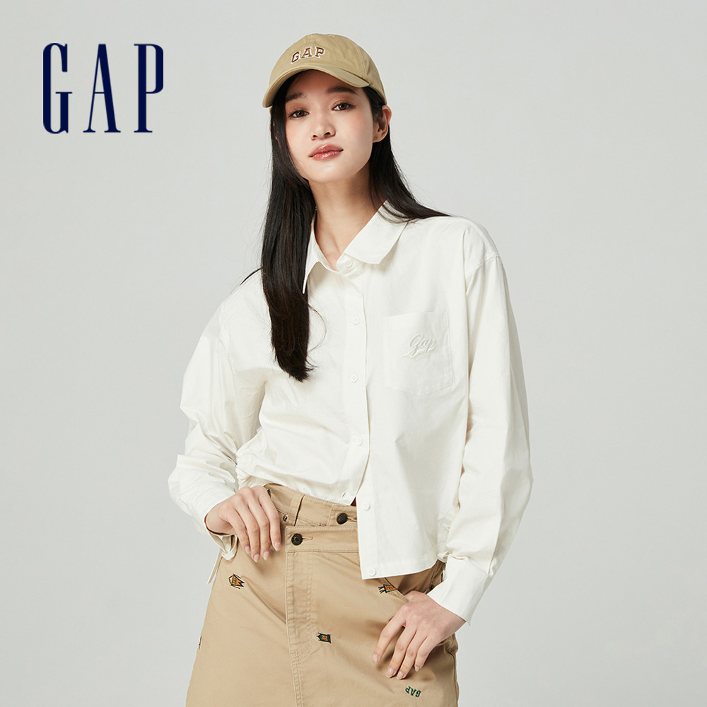 Gap 女裝 Logo純棉翻領長袖襯衫-白色(873202)