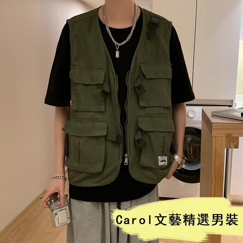 Carol 大尺碼男裝 無袖外套 無袖馬甲 無袖外套 300斤加大碼馬甲男夏季潮流個性工裝馬夾無袖外套多口袋坎肩背心 台