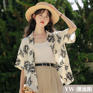 【YW】短袖襯衫女 韓版ins寬鬆短袖花襯衫女 夏季新款設計感小眾氣質上衣 短袖上衣 襯衫外套 女裝