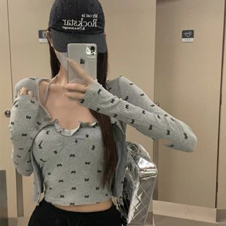 【Princess Home】上衣女 純慾風蝴蝶結印花掛脖弔帶+新款拚接花邊短款開衫上衣兩件套 防嗮罩衫 長袖 短版上衣
