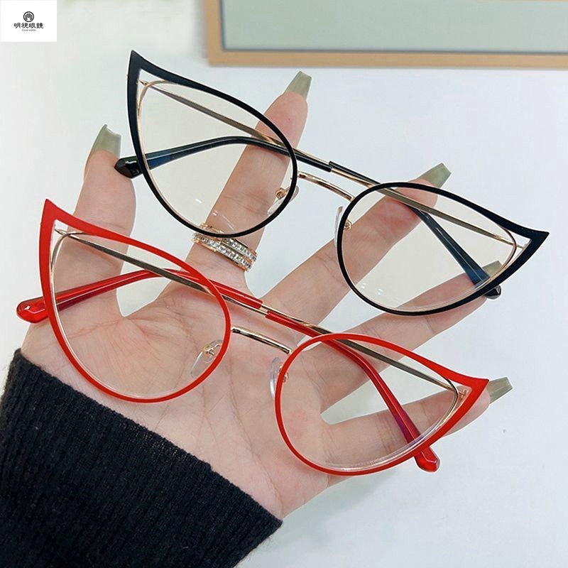 時尚貓眼眼鏡 photochromic glass貓眼 抗藍光平光鏡 女士烤漆金屬眼鏡框 變色眼鏡