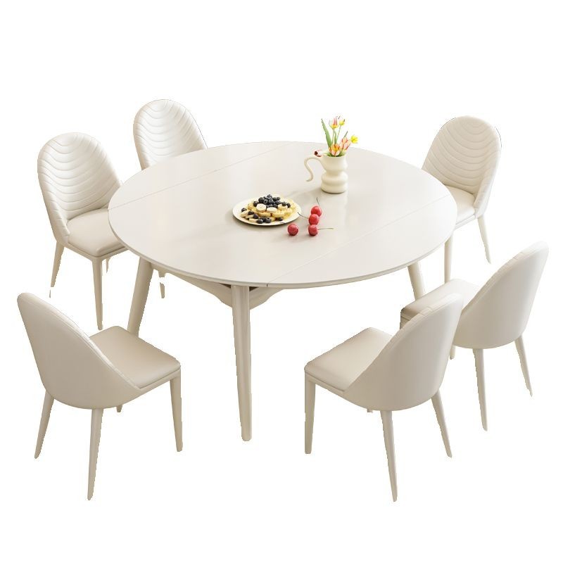 熱銷 奶油风岩板餐桌椅组合小户型家用现代简约实木饭桌可伸缩折叠圆桌
