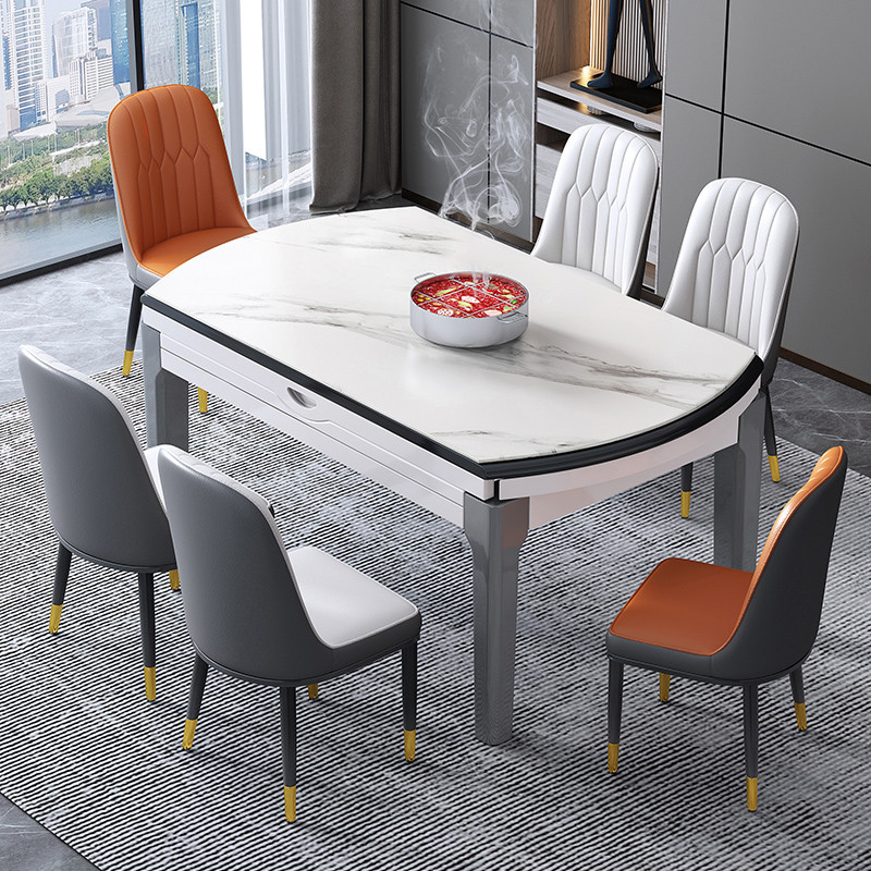 熱銷 岩板餐桌椅组合轻奢现代简约小户型家用可变圆桌伸缩实木电磁炉桌