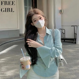 【Free Girl】複古條紋長袖襯衣新款收腰顯瘦辣妹上衣 性感上衣 外穿襯衫 防曬衫 外套 薄款外套