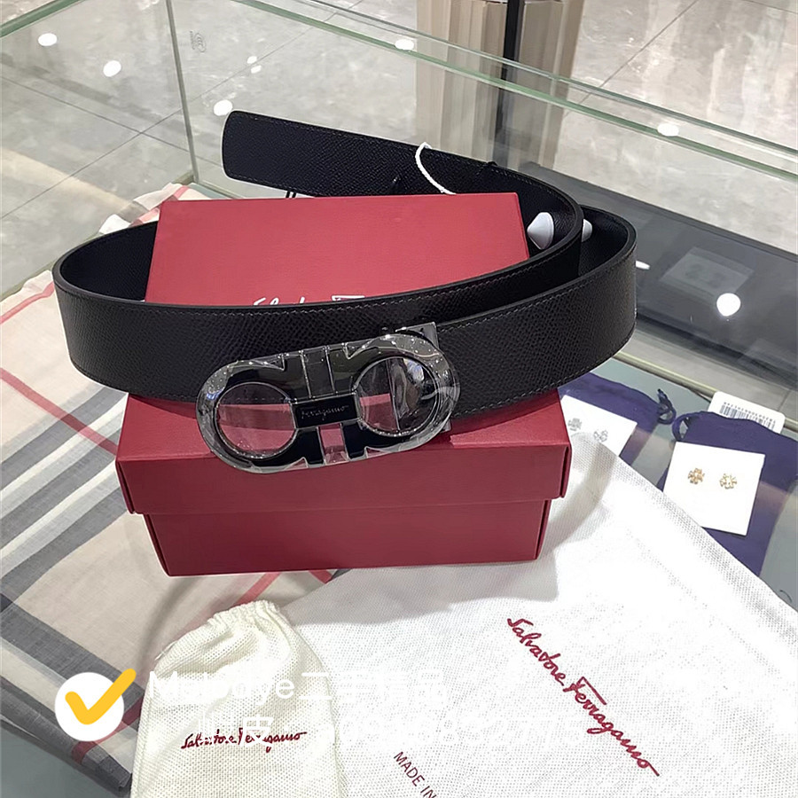 二手精品【Salvatore Ferragamo 菲拉格慕】立體亮銀皮帶 男士腰帶寬3.5CM送禮優選