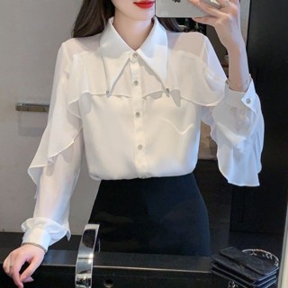 OELNG 夏季襯衫 夏季襯衣女 白色長袖雪紡襯衫女士早春秋季2023年新款法式上衣設計感小眾職業