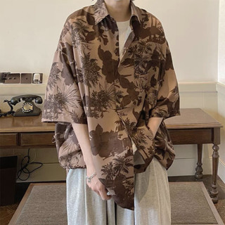 臺灣出貨 襯衫男夏季薄款美式復古印花短袖襯衣百搭ins高街休閒寬鬆上衣服 印花襯衫 韓版襯衫 休閒襯衫 花襯衫 港風襯衫