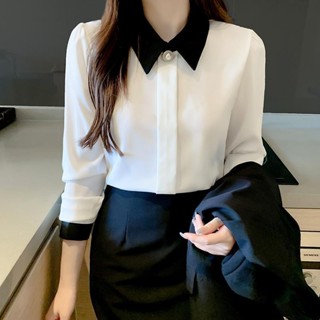 白色襯衫女|春秋季襯衫|薄款長袖襯衫|設計感小眾襯衫|氣質雪紡襯衣|套頭POLO領上衣|休閒寬鬆襯衣|職業雪紡襯衣