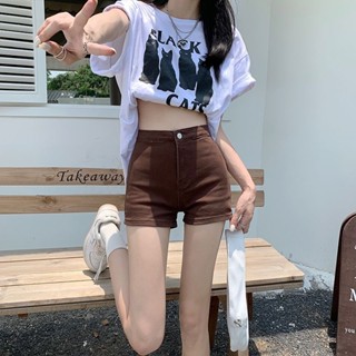【台灣❥快出】夏季咖啡色牛仔短褲女學生高腰緊身彈力修身包臀顯瘦棕色熱褲子潮