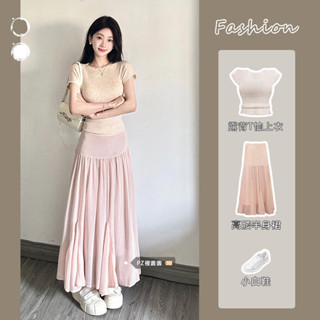 【Princess Home】套裝女 半身裙 複古溫柔風長裙 高腰半身裙 長裙 春夏季套裝女 露背綁帶設計短袖T恤上衣