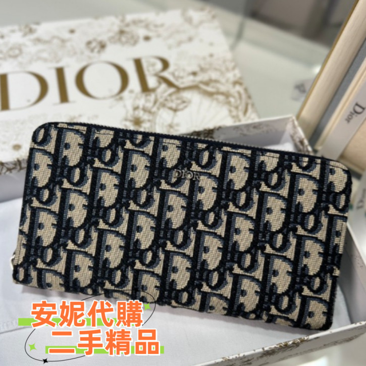 DIOR 迪奧 Oblique系列 老花 藍色刺繡 帆布 長夾 皮夾 錢包 手拿包 拉鏈長夾2ESBC252Y