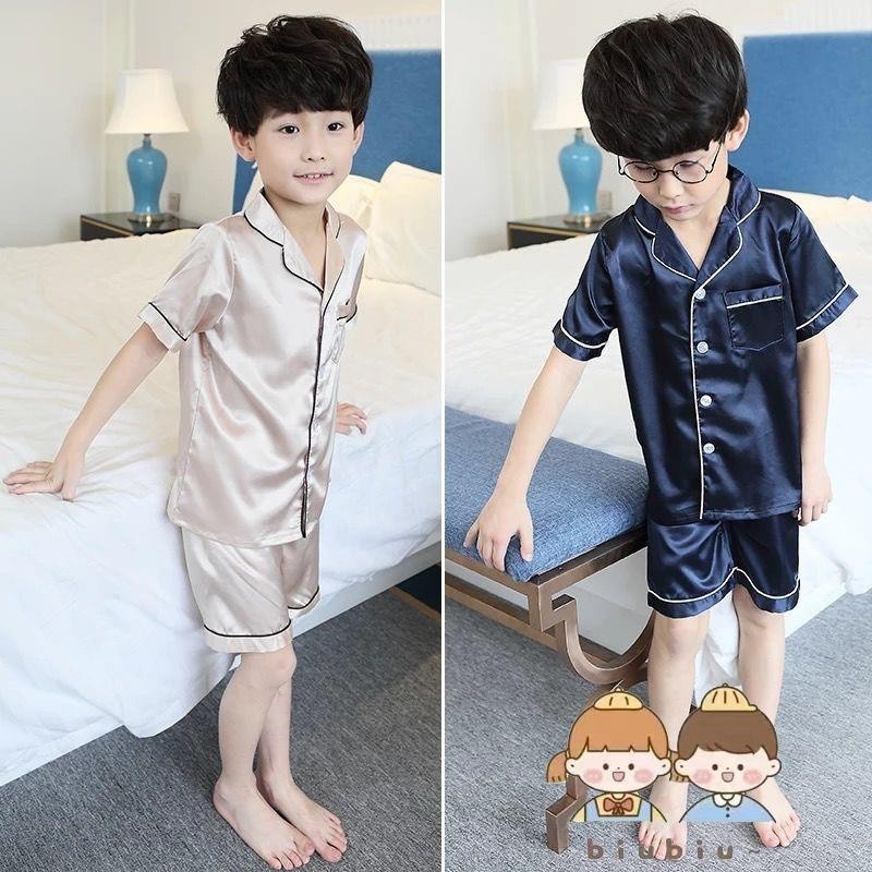 果果🎀童裝 男童睡衣 女童睡衣 兒童居傢服 套裝 兒童睡衣 韓國 夏季 冰絲 超薄 絲綢 短袖
