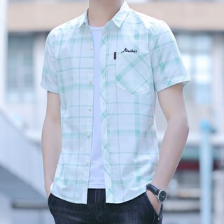 夏季男士短袖襯衫韓版修身潮流帥氣休閒帶口袋格子襯衣半袖上衣服