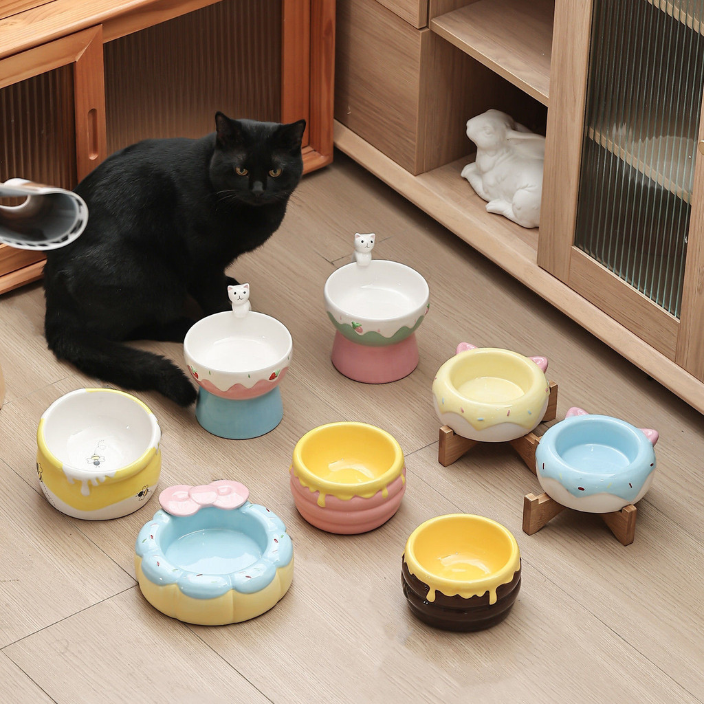 大容量高腳陶瓷貓碗寵物碗獅子碗斜口護頸蜜罐碗飯碗陶瓷可愛貓咪 狗碗 貓碗 貓咪護頸碗 寵物斜口碗