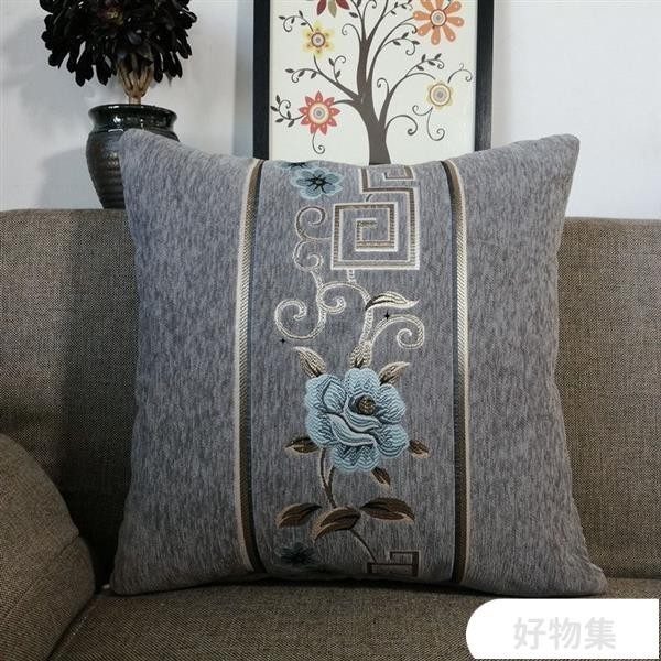 中式雪尼爾繡花靠墊 辦公室刺繡抱枕套 客廳沙髮靠背 腰靠套