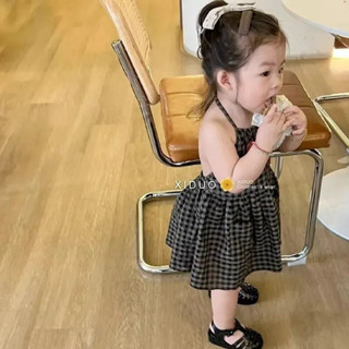 Mini baby🌷寶寶童裝女童連衣裙夏季2023新款洋氣格子露背兒童裙子吊帶裙薄款