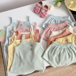 Mini baby🌷嬰兒吊帶背心套裝2024夏季新款女童韓版童裝男女寶寶花苞短褲套裝