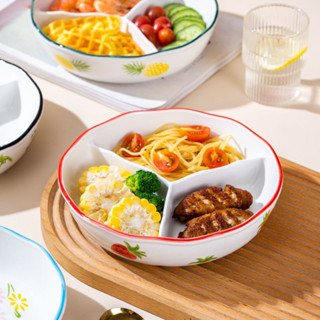 🌸免運✨✨🌸陶瓷加深分格餐盤帶蓋減脂三格盤可微波爐菜盤水果盤兒童便當餐盤