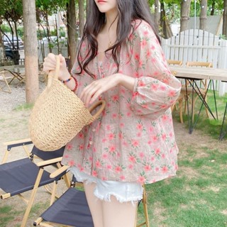 娃娃衫🎀 夏季通勤韓版寬松v領碎花襯衫女 棉麻襯衫女 碎花上衣 燈籠袖上衣 棉麻上衣女 七分袖上衣 碎花襯衫 寬版襯衫