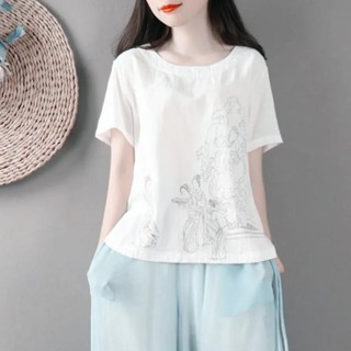 棉麻上衣💕 國風文藝復古棉麻上衣女夏季新款短袖圓領寬松大碼休閑T恤 棉麻襯衫 大尺碼襯衫 大尺碼上衣