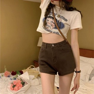 牛仔短褲💕 夏季棕色vibe風牛仔短褲女學生百搭包臀闊腿褲高腰顯瘦a字熱褲子 高腰短褲 高腰牛仔褲 短褲女