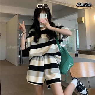【大尺碼女裝M-5XL 40-150kg】大尺碼女裝2-300斤胖mm甜酷套裝女夏季條紋短袖上衣運動短褲兩件套潮