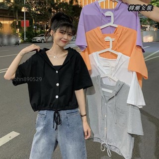 【大尺碼女裝 40-175kg】抽繩上衣女連帽胖妹妹學生夏季短版寬鬆短袖T恤