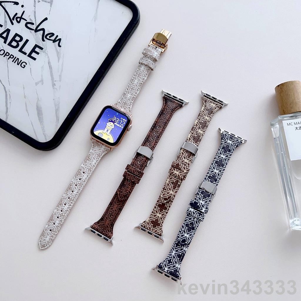 台灣出貨 蝴蝶扣菱花紋皮革錶帶 適用於 Apple Watch S8/Ultra/7/6/se2/4 蘋果智能手錶配件