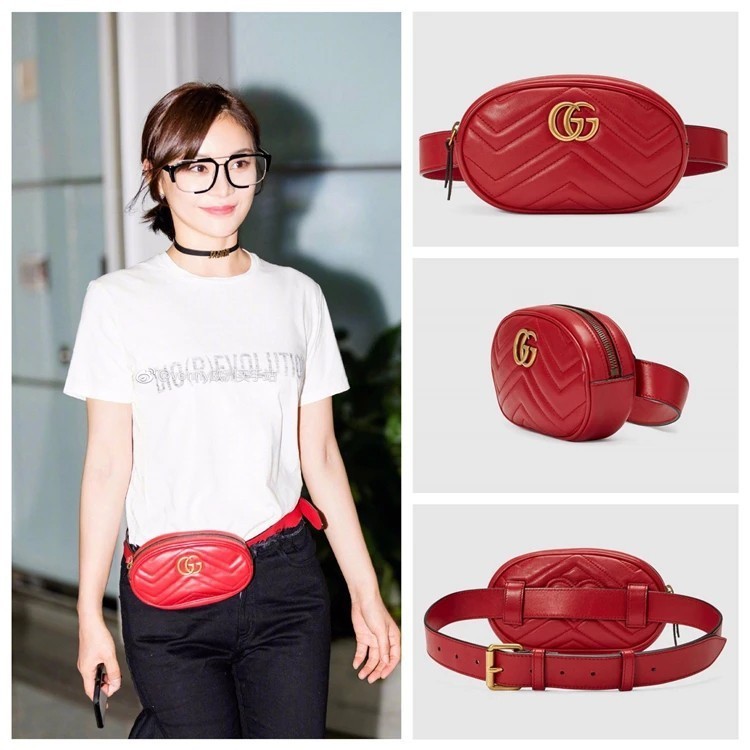 二手 GUCCI GG Marmont 2.0 皮革 腰包 紅色 Melody 戚薇 蔡依林同款 正品