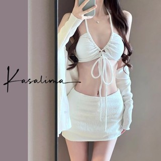 熱賣❤泳衣女分體防曬長袖罩衫2024夏新款小胸性感純欲掛脖比基尼海邊白