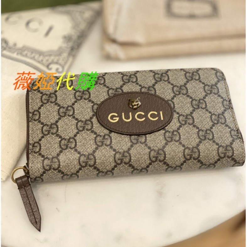 GUCCI 古馳 Supreme 虎頭 logo 拉鏈長款 錢包 手拿包 長夾 皮夾 錢包 473953 二手