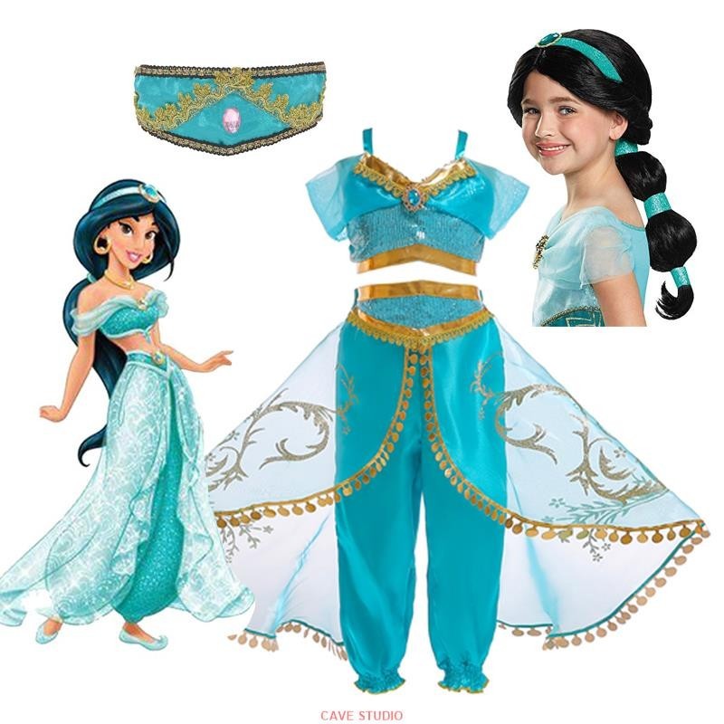 【熱賣COS】兒童茉莉公主裙 萬聖節兒童新款洋裝 女童茉莉公主頭帶 茉莉公主假髮