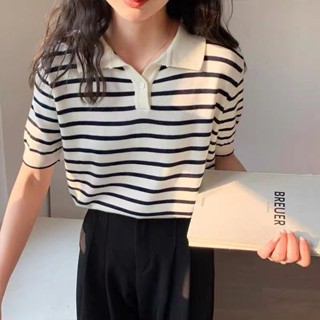 polo針織衫🎀 夏季新款polo領冰絲薄款條紋短袖T恤女寬松透氣別致針織上衣ins潮