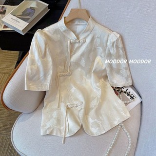 臺灣出貨⚡新中式上衣女 中國風服飾 盤扣短袖襯衫女 2024年夏季復古溫柔風高階氣質半袖上衣女 新中式女裝