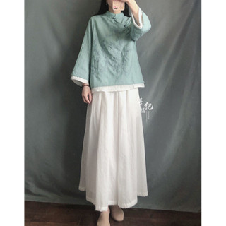 臺灣出貨⚡漢元素套裝 中國風服飾 夏季文藝復古棉麻兩件套裝女 刺繡盤扣上衣 禪意茶服 寬松高腰半身裙 刺繡茶服