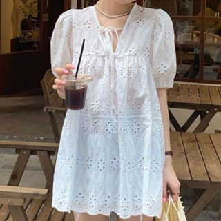 娃娃裝上衣🎀 法式白色設計感鏤空蕾絲上衣女裝夏季百搭寬松短袖襯衫泡泡袖襯衣