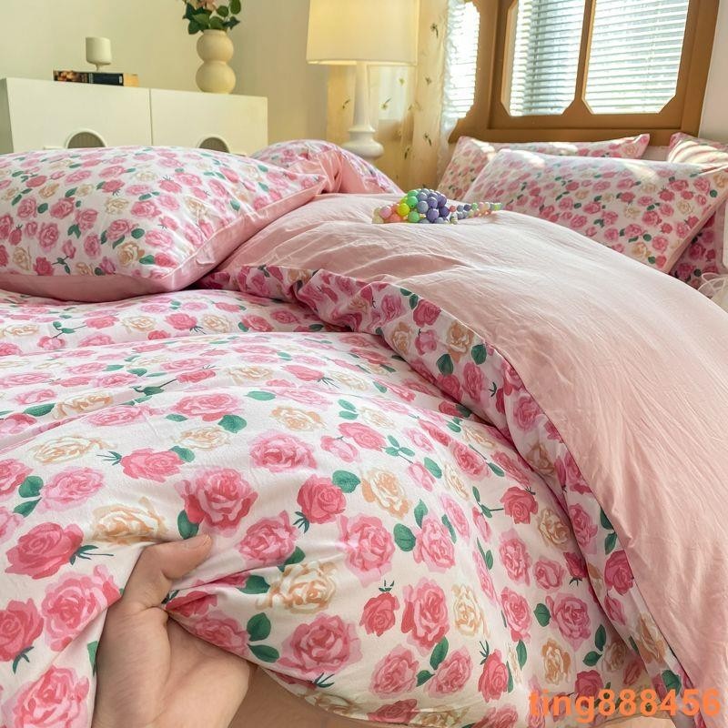 小天鵝 田園風花卉床包組 柔感雲朵水洗棉床包 加大雙人床包 床包四件套 單人床單 床笠 枕套 床包組 雙人床包