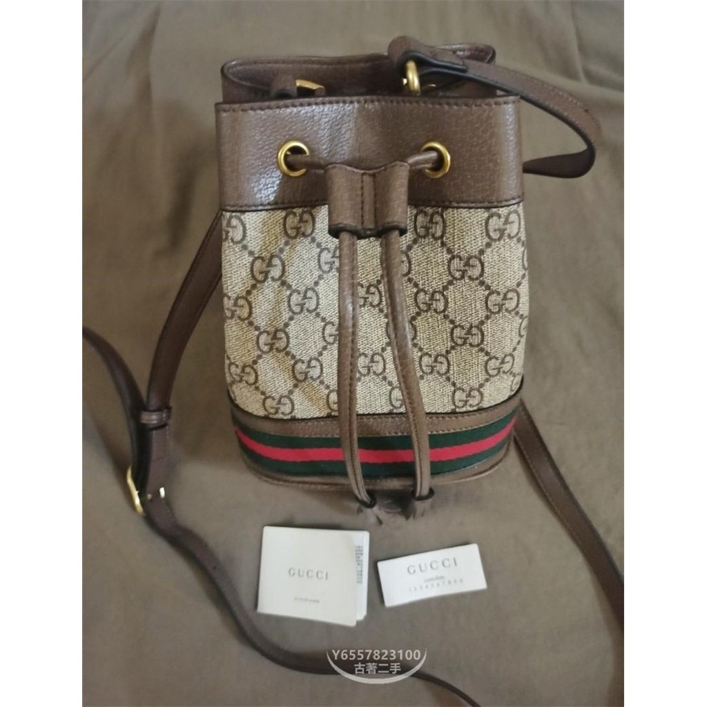 二手便宜出 GUCCI MINI 古馳 水桶包 OPHIDIA 550620 帆布 條紋 雙G 手提包 肩背包 斜挎包