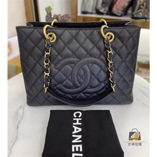 二手精品 CHANEL 香奈兒 Gst 黑金色 荔枝紋 購物袋 托特包 單肩包 手提包 A50995