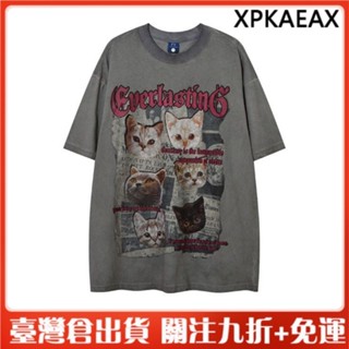 XPKAEAX 水洗T恤短袖 美式暗黑廢土風 寬鬆水洗做舊海報可愛貓咪高街上衣男女